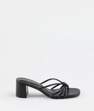 Turn heads in the Sleek Staple Strappy Square Toe Mules, black heels showcasing a fresh trend or stylish detail made to elevate your full Windsor fit.