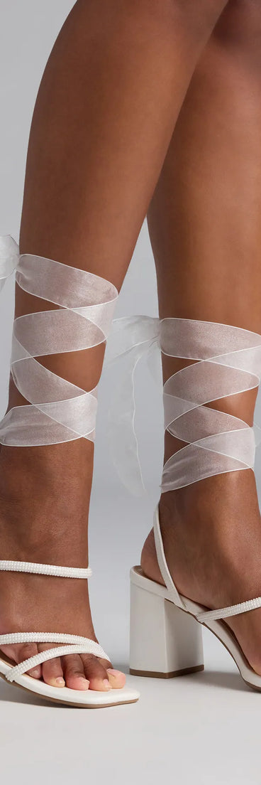 Step into style with the Stay Elegant Lace-Up Rhinestone Block Heels, white heels made to complete your Windsor look with comfort and glam in mind.