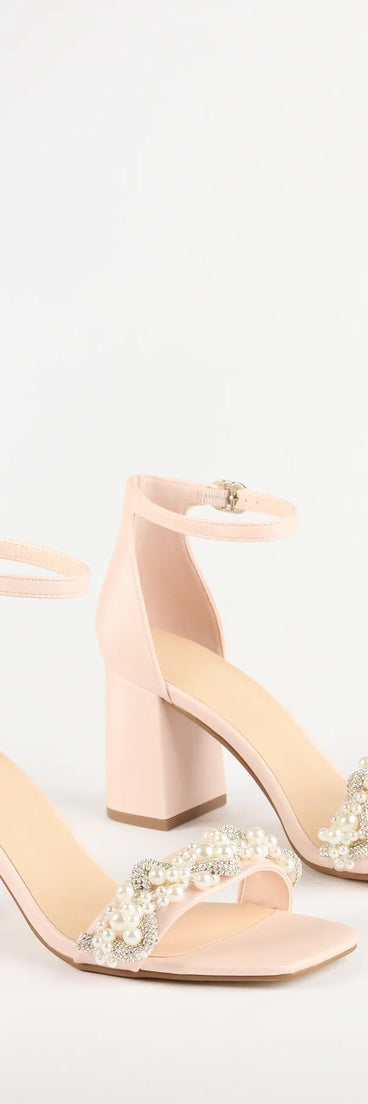 Step into style with the Chic Stride Rhinestone And Pearl Block Heels, pink heels made to complete your Windsor look with comfort and glam in mind.