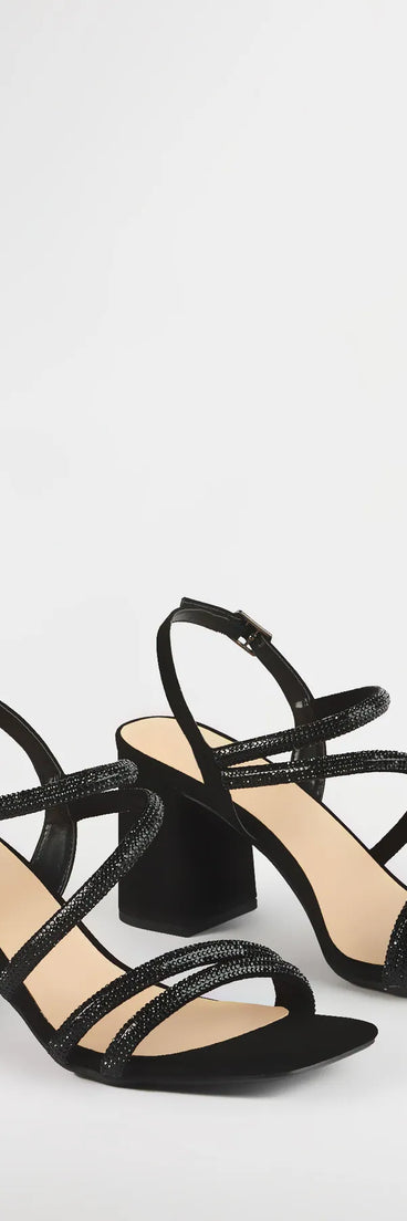 Step into style with the Chic Glimmer Rhinestone Strappy Block Heels, black heels made to complete your Windsor look with comfort and glam in mind.