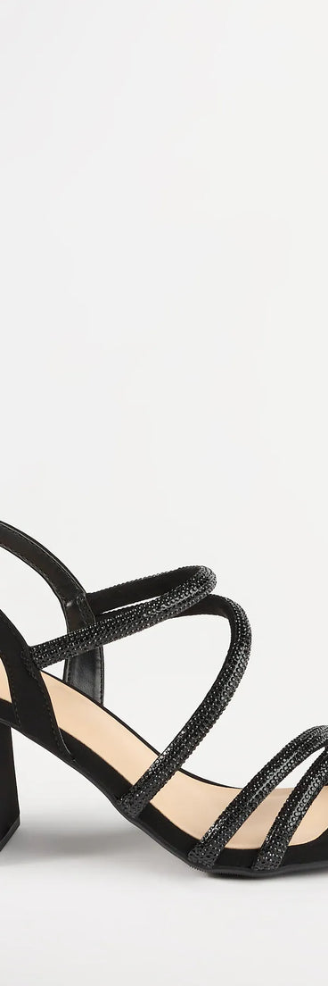 Elevate warm-weather looks with Chic Glimmer Rhinestone Strappy Block Heels in black, a pair of trendy sandals bringing chic, modern flair to every step.