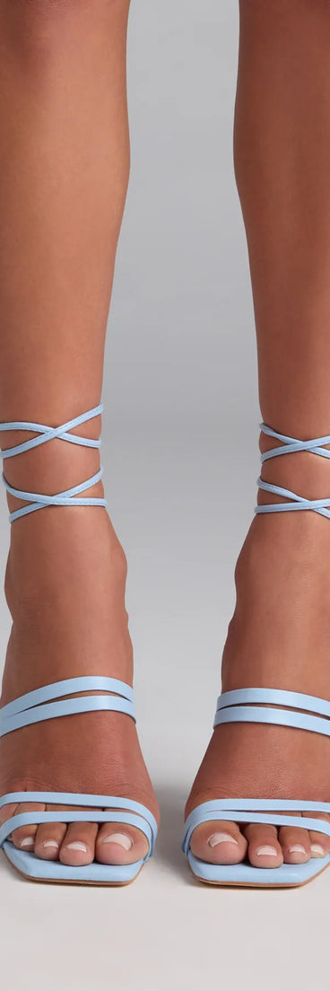 Elevate warm-weather looks with Major Moment Lace-Up Stiletto Heels in blue, a pair of trendy sandals bringing chic, modern flair to every step.