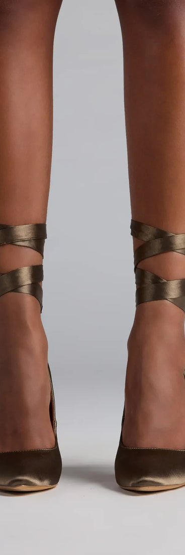 Turn heads in the Lace Me Up Satin Stiletto Pumps, olive green heels showcasing a fresh trend or stylish detail made to elevate your full Windsor fit.