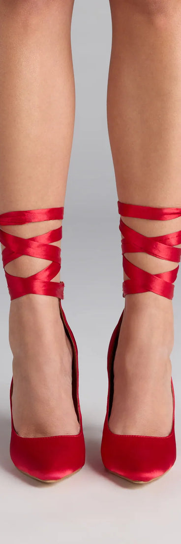 Turn heads in the Lace Me Up Satin Stiletto Pumps, red heels showcasing a fresh trend or stylish detail made to elevate your full Windsor fit.