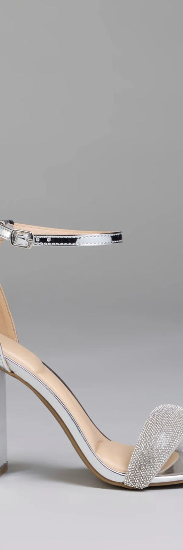 Elevate warm-weather looks with Bling On The Sparkle Rhinestone Metallic Block Heels in silver, a pair of trendy sandals bringing chic, modern flair to every step.