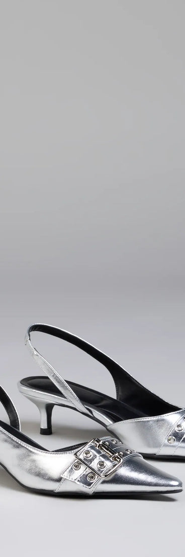 Style made simple with the Sleek Trendy Buckle Strap Slingback Kitten Heels in silver, trendy women’s shoes that take your outfit from basic to bold in one step.