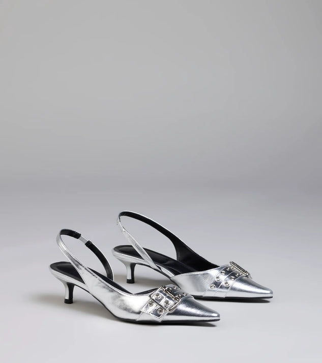 Step into style with the Sleek Trendy Buckle Strap Slingback Kitten Heels, silver heels made to complete your Windsor look with comfort and glam in mind.