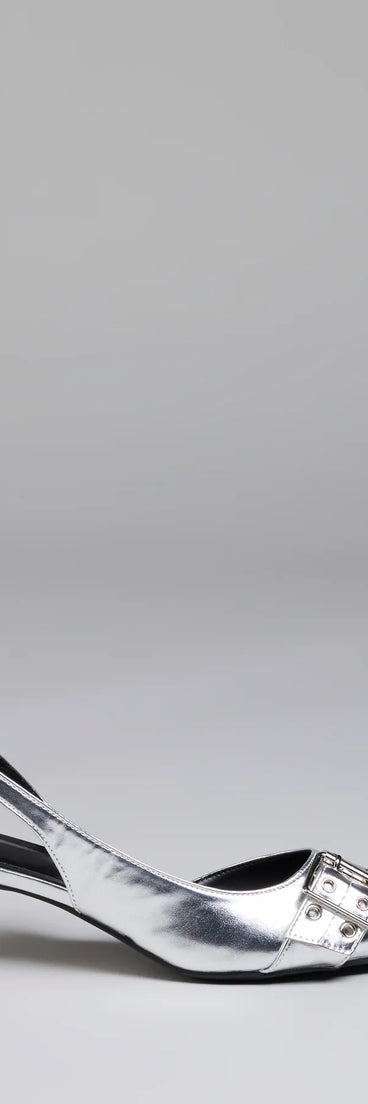 Turn heads in the Sleek Trendy Buckle Strap Slingback Kitten Heels, silver heels showcasing a fresh trend or stylish detail made to elevate your full Windsor fit.