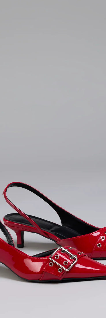 Step into style with the Sleek Trendy Buckle Strap Slingback Kitten Heels, red heels made to complete your Windsor look with comfort and glam in mind.