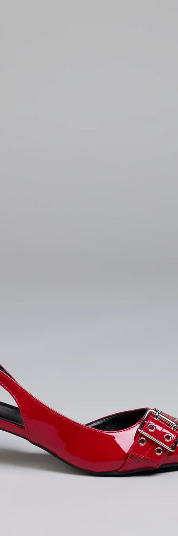 Turn heads in the Sleek Trendy Buckle Strap Slingback Kitten Heels, red heels showcasing a fresh trend or stylish detail made to elevate your full Windsor fit.