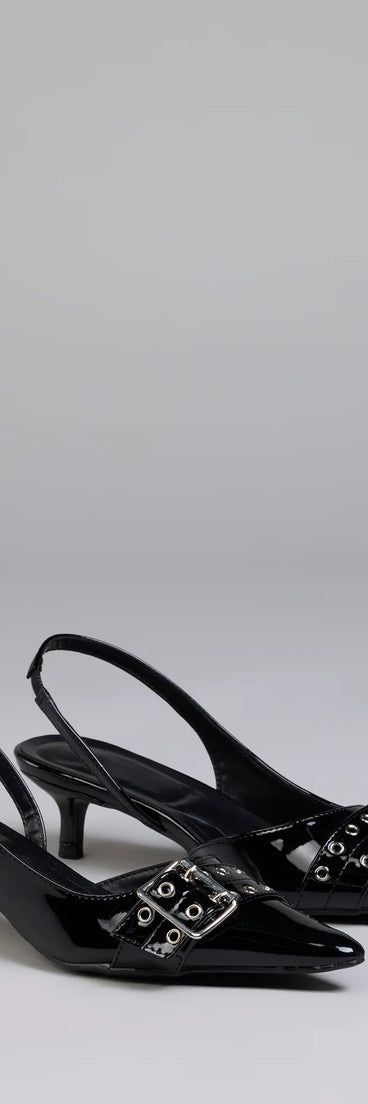 Style made simple with the Sleek Trendy Buckle Strap Slingback Kitten Heels in black, trendy women’s shoes that take your outfit from basic to bold in one step.