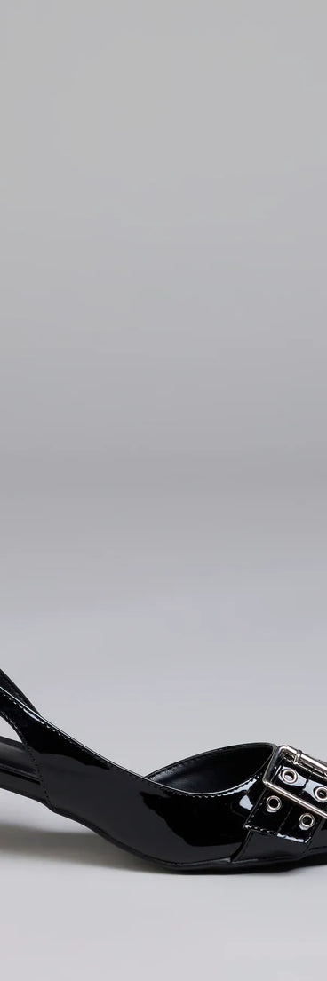 Turn heads in the Sleek Trendy Buckle Strap Slingback Kitten Heels, black heels showcasing a fresh trend or stylish detail made to elevate your full Windsor fit.