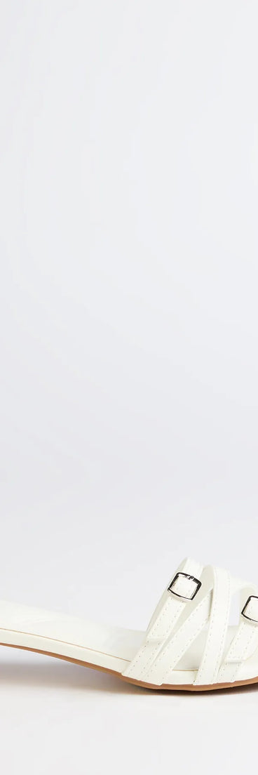 Turn heads in the Trendy Steps Buckle Strap Kitten Heel Mules, white heels showcasing a fresh trend or stylish detail made to elevate your full Windsor fit.