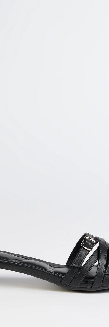 Turn heads in the Trendy Steps Buckle Strap Kitten Heel Mules, black heels showcasing a fresh trend or stylish detail made to elevate your full Windsor fit.