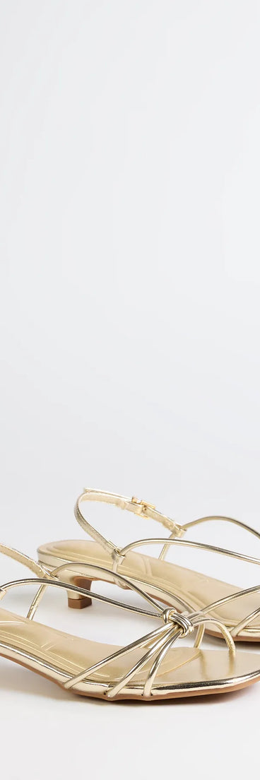 Step into style with the Tied Together Strappy Kitten Heels, gold heels made to complete your Windsor look with comfort and glam in mind.
