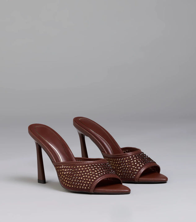 Step into style with the Night Glam Rhinestone Mesh Stiletto Heels, brown heels made to complete your Windsor look with comfort and glam in mind.