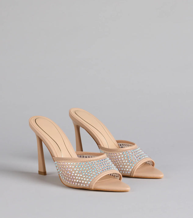 Step into style with the Night Glam Rhinestone Mesh Stiletto Heels, nude heels made to complete your Windsor look with comfort and glam in mind.