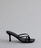 Elevate warm-weather looks with Out And About Strappy Thong Stiletto Mules in black, a pair of trendy sandals bringing chic, modern flair to every step.