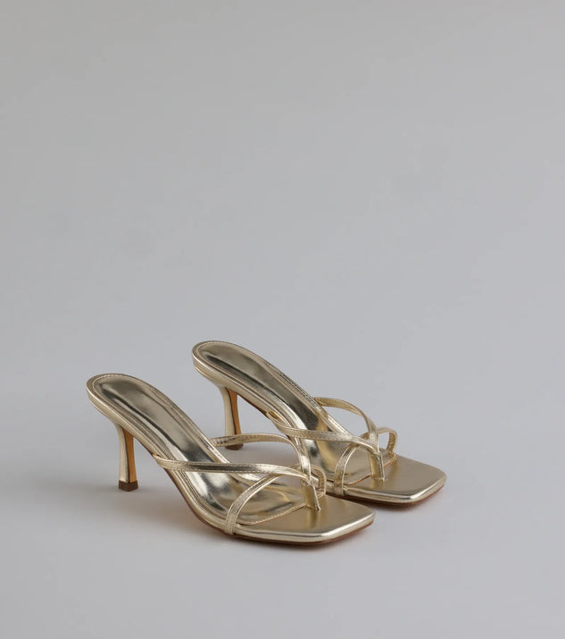 Step into style with the Out And About Strappy Thong Stiletto Mules, gold heels made to complete your Windsor look with comfort and glam in mind.