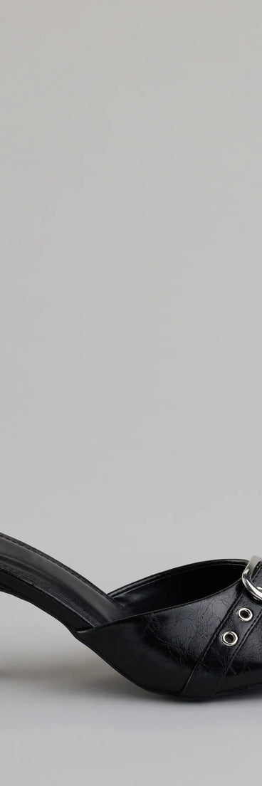 Elevate warm-weather looks with Brunch To Cocktails Buckle Stiletto Mules in black, a pair of trendy sandals bringing chic, modern flair to every step.