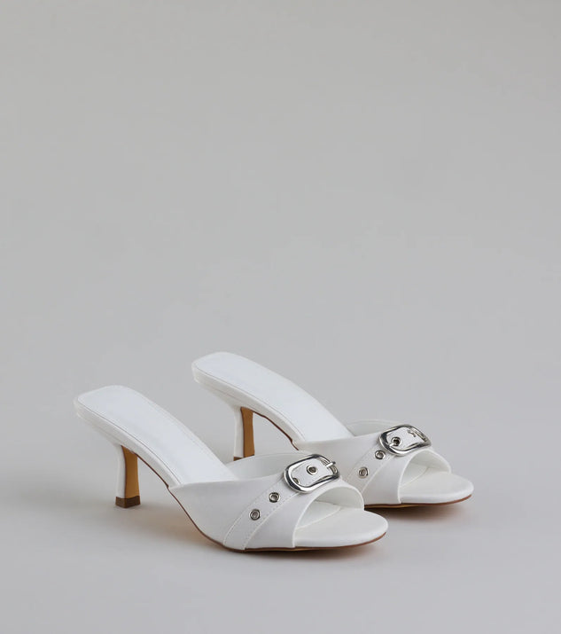 Step into style with the Brunch To Cocktails Buckle Stiletto Mules, white heels made to complete your Windsor look with comfort and glam in mind.