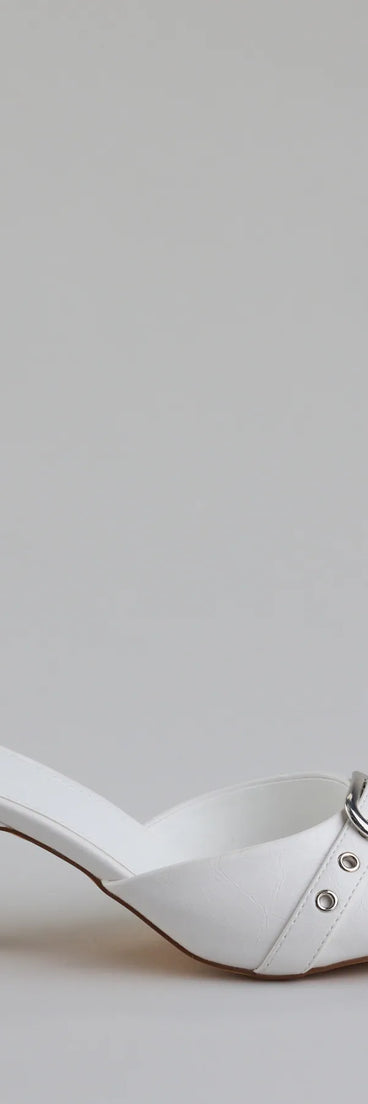 Elevate warm-weather looks with Brunch To Cocktails Buckle Stiletto Mules in white, a pair of trendy sandals bringing chic, modern flair to every step.