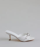 Elevate warm-weather looks with Brunch To Cocktails Buckle Stiletto Mules in white, a pair of trendy sandals bringing chic, modern flair to every step.