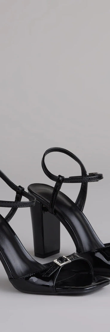 Booked And Busy Rhinestone Buckle Block Heels