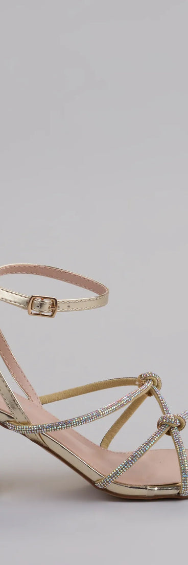 Elevate warm-weather looks with Bring The Glam Rhinestone Block Heels in gold, a pair of trendy sandals bringing chic, modern flair to every step.