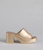 Elevate warm-weather looks with 90s Icon Platform Block Heel Mules in gold, a pair of trendy sandals bringing chic, modern flair to every step.