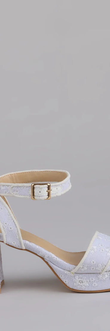 Elevate warm-weather looks with Stroll The Town Eyelet Platform Block Heels in white, a pair of trendy sandals bringing chic, modern flair to every step.