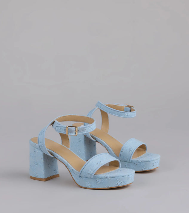 Elevate warm-weather looks with Stroll The Town Eyelet Platform Block Heels in blue, a pair of trendy sandals bringing chic, modern flair to every step.