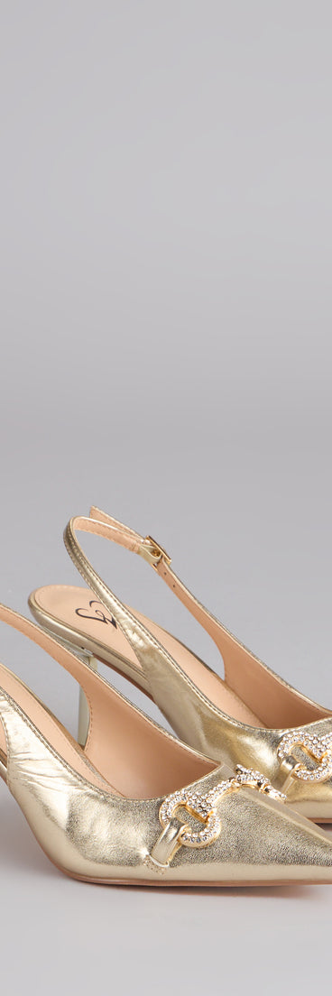 Style made simple with the High Society Rhinestone Slingback Heels in gold, trendy women’s shoes that take your outfit from basic to bold in one step.