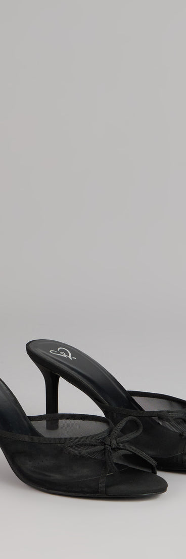 Polished Sweet Bow Detail Mesh Mule Heels