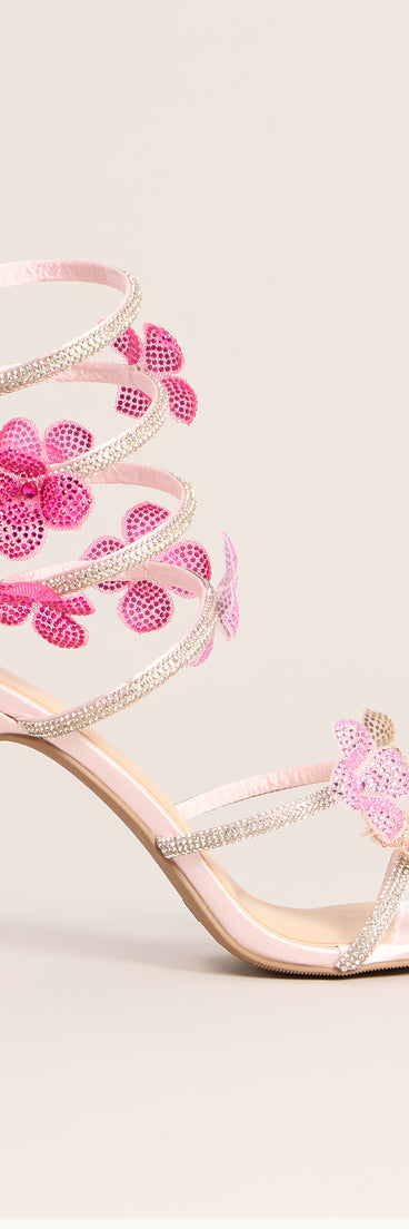 Glitzy Rhinestone Flower Spiral Stiletto Heels