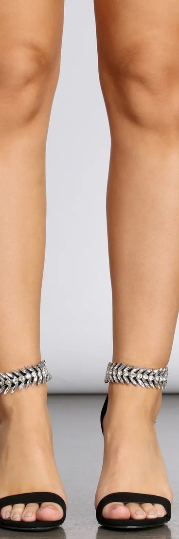 Metallic Rhinestone Leaf Block Heels