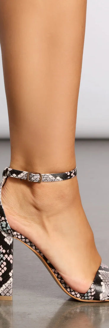 Sultry Snake Faux Leather Block Heels