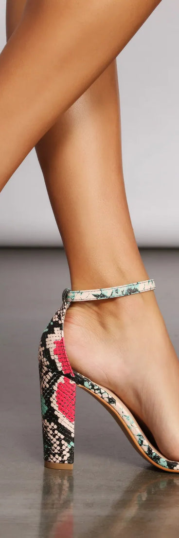Sassy Snake Print Faux Leather Block Heels