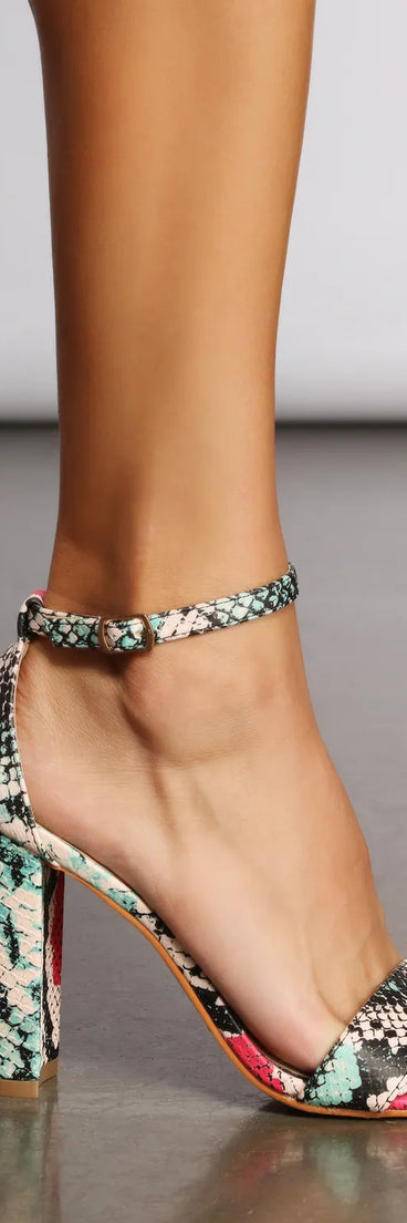 Sassy Snake Print Faux Leather Block Heels