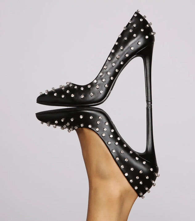 So Glam Faux Leather Rhinestone Pumps
