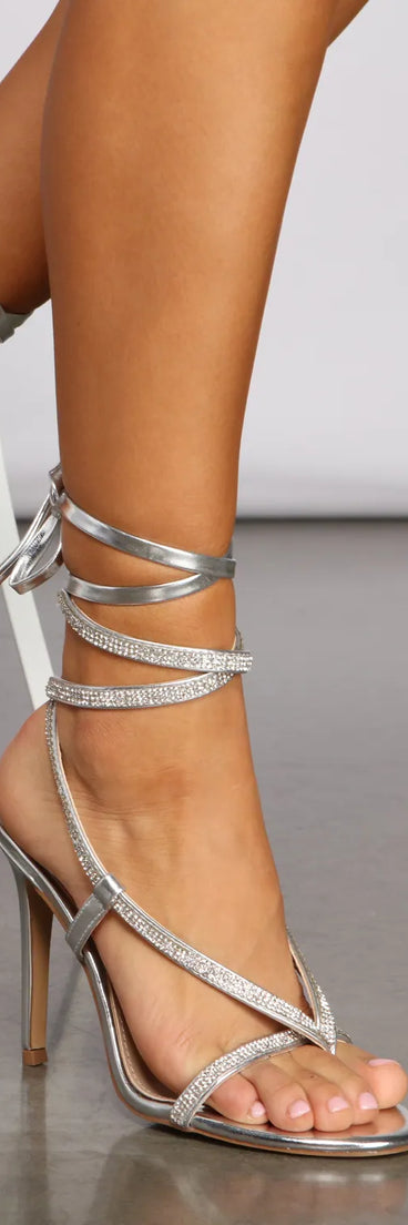 Chic Chrome Rhinestone Ankle Wrap Stiletto Heels