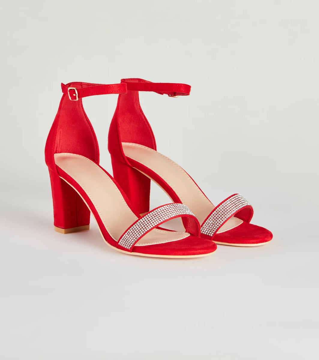 Simple Glam Style Rhinestone Strap Block Heels & Windsor