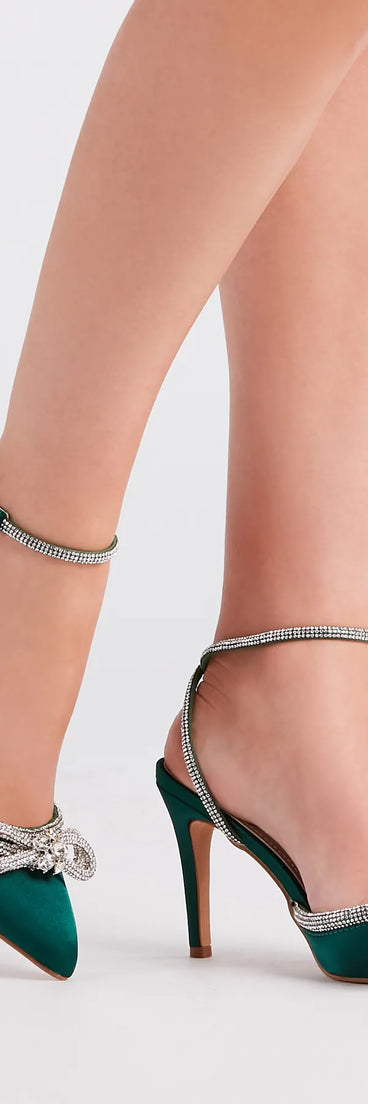 Chic Perfection Rhinestone Bow Satin Pumps