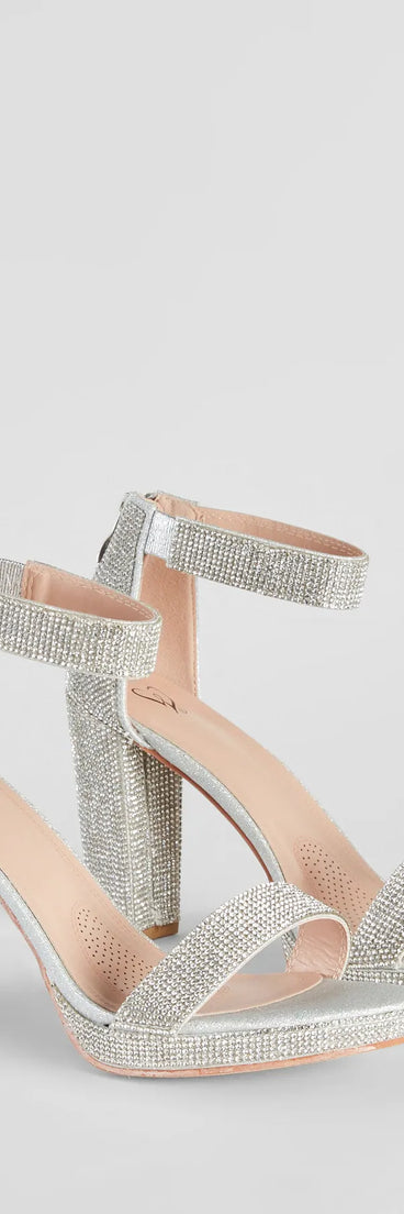 Step into style with the Shimmer In Rhinestone Block Heels, silver heels made to complete your Windsor look with comfort and glam in mind.