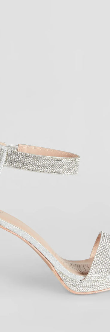Elevate warm-weather looks with Shimmer In Rhinestone Block Heels in silver, a pair of trendy sandals bringing chic, modern flair to every step.