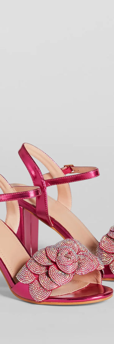 Love Is Blooming Rhinestone Flower Block Heels