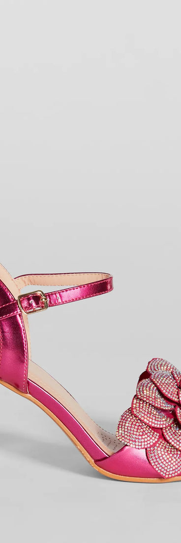 Love Is Blooming Rhinestone Flower Block Heels