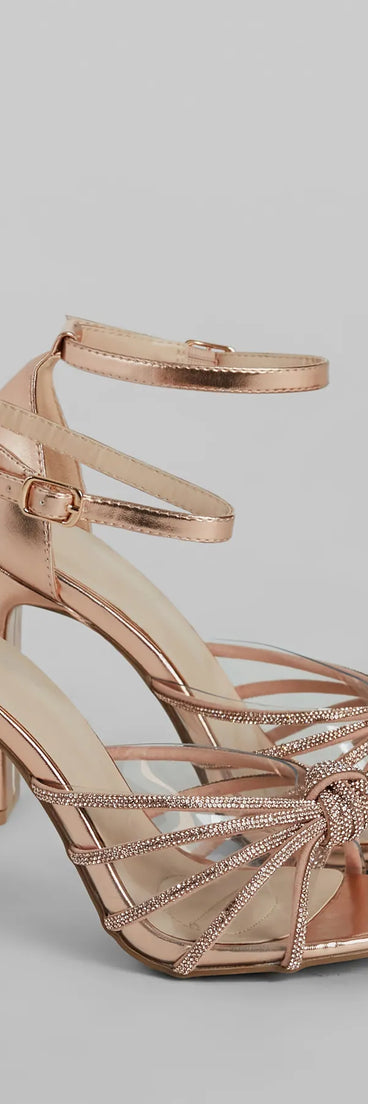 The cute and comfy style of the Glitzy Mood Rhinestone Strappy Metallic Heels as your homecoming shoes creates a stand out look to complete your HOCO dress look!
