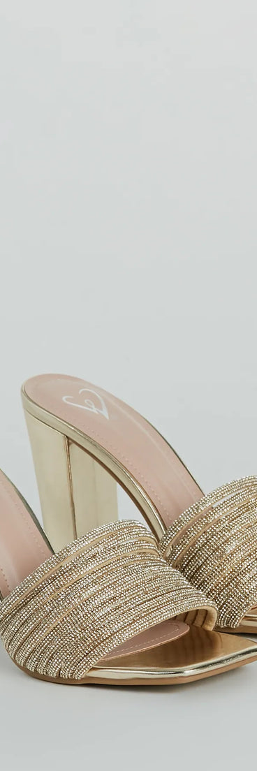 The cute and comfy style of the Glam Radiance Rhinestone Strap Metallic Mules as your homecoming shoes creates a stand out look to complete your HOCO dress look!