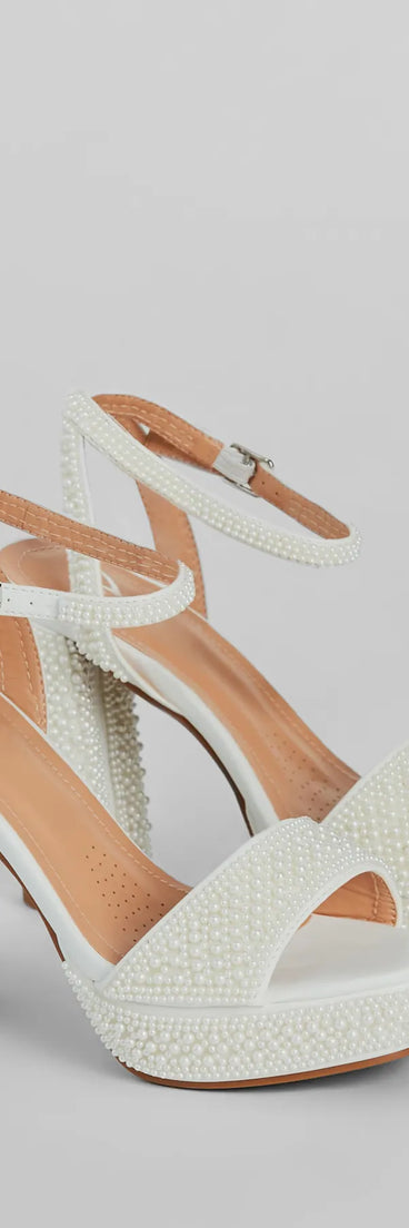 The Elite Glam Faux Pearl Platform Block Heels helps create a chic women's white cocktail outfit with a trendy texture and stylish design, ideal for wedding guest cocktail outfits or dinner parties.